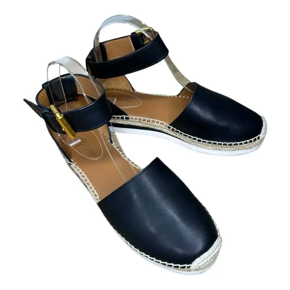 See by Chloe Glyn Espadrille Sandal Black Ankle Strap Size 37